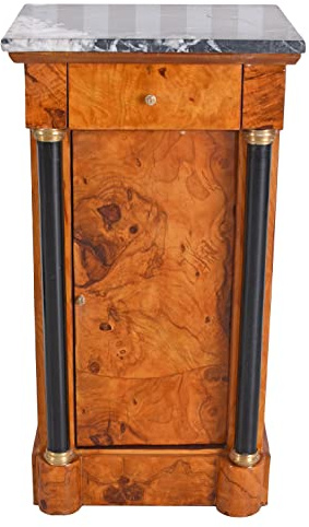 PALAZZO INT Regency Nachtschrank „Villa Jane Austen“ – Biedermeier‐Empire Nachtkommode aus massivem Holz mit Wurzelholz-Furnier, Marmortop, Halbsäulen, Schublade & Tür, H77×B41×T36 cm