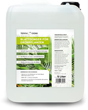 TerraDomi Blattdünger für Grünpflanzen | Für Palmen, Kakteen und andere Pflanzen | schnelle Hilfe bei Mangelerscheinungen und Nährstoffmangel | Für grüne und gesunde Blätter | 5 Liter