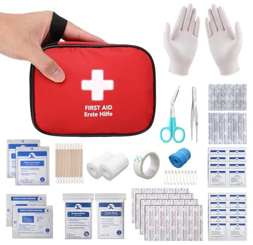 HONYAO First Aid Kit 90 Pcs, Small Travel First-Aid Bag, Mini Compact Survival Kit for Travel Car Home Workplace Kids Camping Hiking Motorbike Holiday, Red