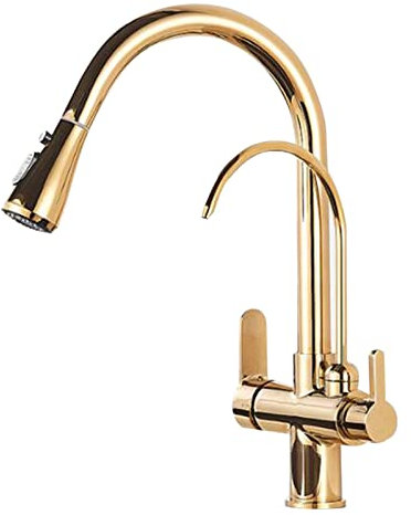 3 Way Kitchen Tap with Pull Out Spray Brass 360° Rotation Straight Drinking Water Cold and Hot Water Multifunction 3 Way Taps for Kitchen Sink-Gold