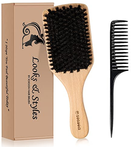 Boar Bristle Hair Brush, 100% Pure Boar Bristle Paddle Brush for Women Men Kids Thin, Fine, Long, Curly or Any Type of Hair, Restore Shine & Texture and Makes Hair Smooth & Health