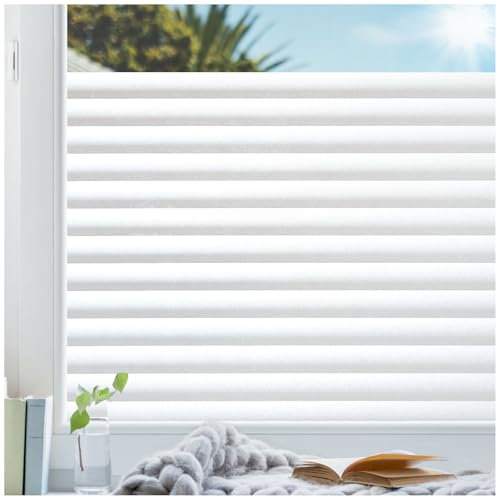 rabbitgoo blickdichte Fensterfolie Sichtschutzfolie Fenster Milchglasfolie Selbstklebend Folie Klebefolie für Bad Duschwand Streifen Jalousette 90 x 400 cm