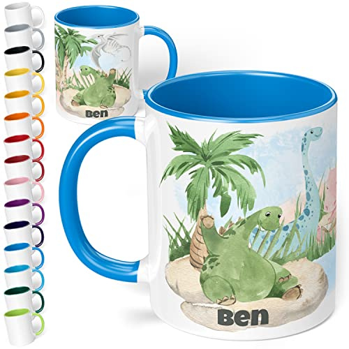 Dinosaurier Tasse mit Namen Dinos – Tasse personalisiert für Kinder – Dinotasse Kinderbecher Namenstasse für Jungen und Mädchen - schönes Geschenk & Mitbringsel Kindergeburtstag (Cambridge Blau)
