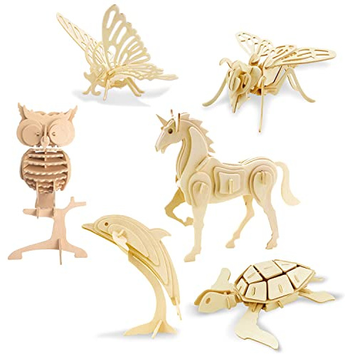 Georgie Porgy 3D Holzpuzzles DIY Modelle Kits für Kinder Dinosaurier Flugzeug Holzhandwerk BAU Spielzeug 6 Stück (Biene Schmetterling Einhorn Eule Schildkröte Delphin)