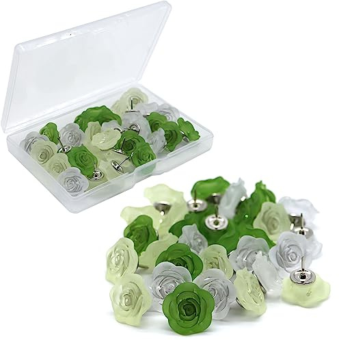 Blumen Reißzwecken mit Niedliche Rose,30 Stück Dekorative Pinnnadeln für Korktafel,Durchsichtig,Grün,Florale Reißnägel für Wand,Pinnwand,Reisekarte oder Foto,Blumennägel,Heimbürobedarf,Zubehör