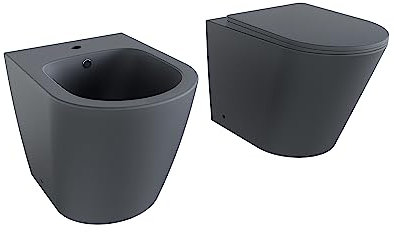 Sanitari in ceramica filomuro grigio opaco vaso rimless bidet sedile soft-close chiusura rallentata mod. Vienna