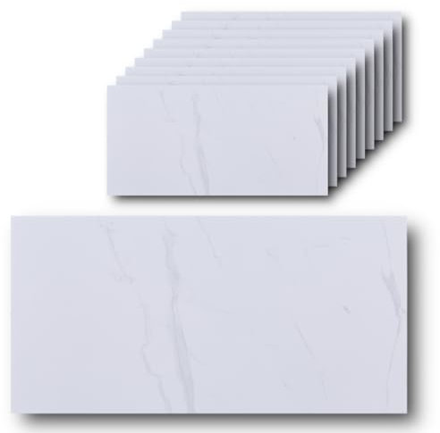 HOOZ 10x Fliesenaufkleber Marmor weiß - 60 x 30 cm - Selbstklebende Fliesen 10 Stück - Klebefliesen für Küchenrückwand - Wandpaneele Küche Wanddeko Schlafzimmer Wohnzimmer Badezimmer