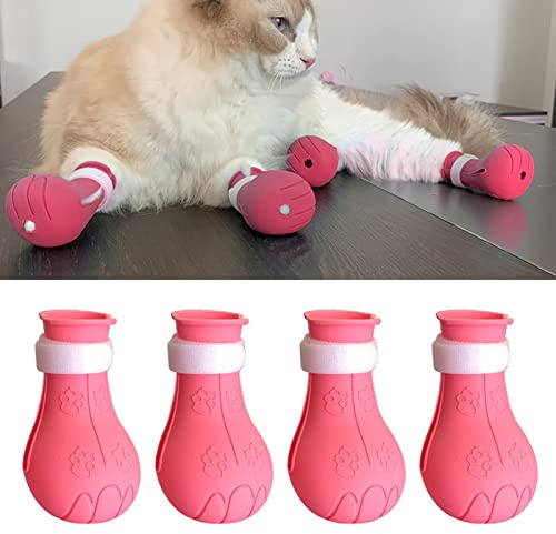 4 Stück Silikon-Anti-Kratz-Katzenschuhe, Anti-Off-Schuhe, Nagelhandschuhe, Katzenstiefel Nur für Katzen, Silikon-Haustier-Katzenpfotenschutz, Katzenfüße, Krallenabdeckungen für die(Rosa)