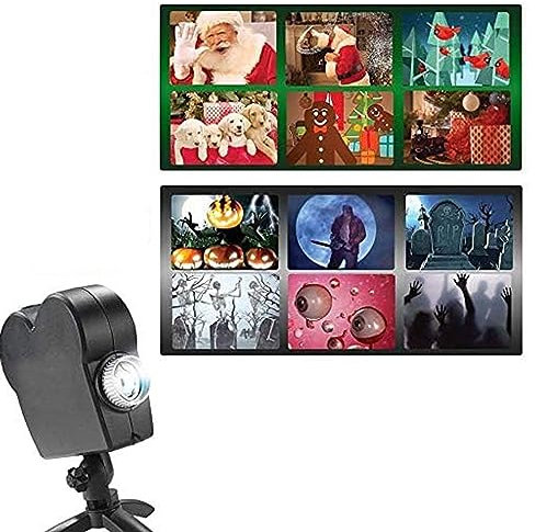 JBSBAQI Halloween Christmas Window Projector Light, Holographic Projection with A Tripod 12 Movies Festival Projection Spotlight for Home Party,Black