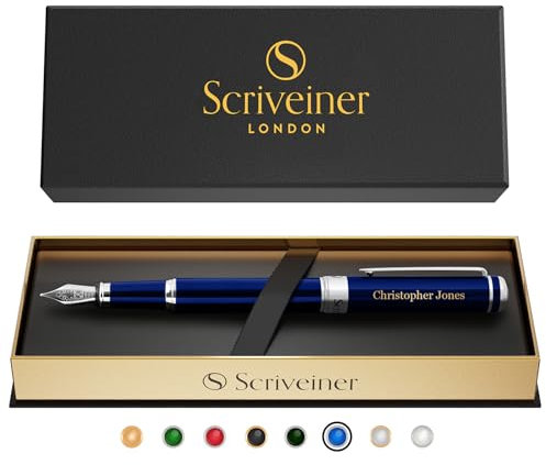 Scriveiner Midnight Blue Personalisierter Stift - Atemberaubender Blauer Lack Luxusfüller, Chrom Finish, Deutsche Schmidt Feder (Mittel), Bestes Graviertes Füllfederhalter Geschenkset, Namensgravur