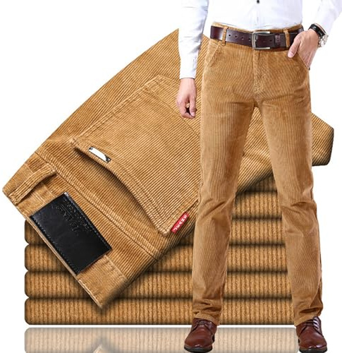 Juneyou Cordhose für Herren, klassische Passform, gerade Passform, flache Vorderseite, lässig, lockere Stretch-Kordsamt, khaki, 58