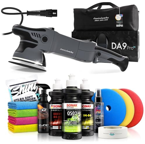 Poliermaschinen Set: chemicalworkz DA9 Pro Max Exzenter Poliermaschine + Sonax Politur Set + Royal Pads Premium Polierpads + Dr. Wack Lackversiegelung + Zubehör | 14-teilig