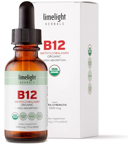 USDA Organic Vitamin B12 Liquid Drops 5000 mcg, Methylcobalamin, Sublingual, Fast Absorption, Cellular Energy, Metabolism Support, Nervous System, Mental Focus, Vegan, Non-GMO, 2 fl oz, 60 Servings