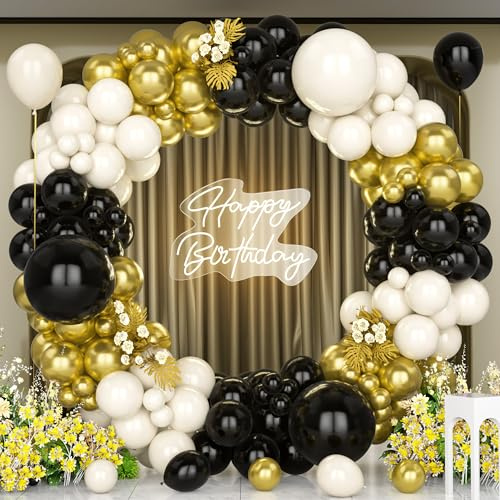 Unisun Schwarz Gold Ballons Bogen Kit, 143 Pcs Schwarz Gold Luftballons Girlande mit Sand Weiße Ballons für Männer Frauen Geburtstagsfeier Dekoration Hochzeit Jubiläum Baby Shower Graduation Neujahr