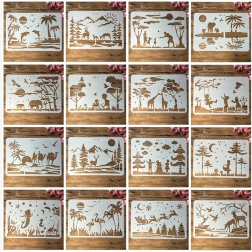 Zeichenschablonen-Set, A4, 29 cm, Landschaft, Tiere, Menschen, Schablonen zum Malen auf Holz, Wand, Stoff, Stein, Boden, Fliesen, Kunsthandwerk Schablonen für Heimdekoration
