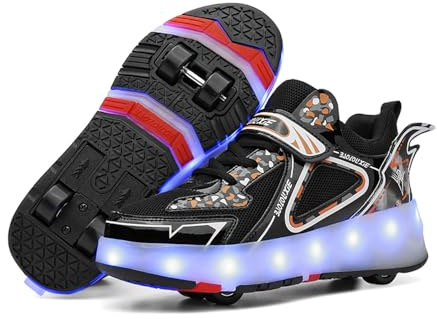 Mateju Chaussures à roulettes Fille Garçon, 2 en 1 Patins à roulettes Rétractable Enfant avec 4 roulettes Chaussures de Skateboard Réglables Adolescents pour Femme Homme 43 EU Noir