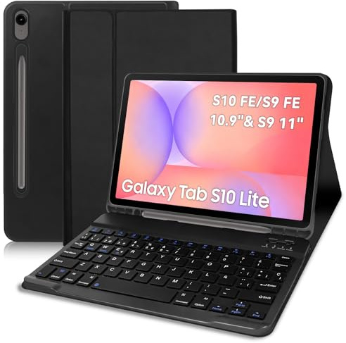 Lupxiu Funda con Teclado para S10 Lite/S10 FE 2025/S9 FE 2023/ S9 2023-Distribución británica Teclado inalámbrico Bluetooth Desmontable para Tab S10 Lite/S10 FE/S9 FE/S9 (10,9''/11'')-Negro