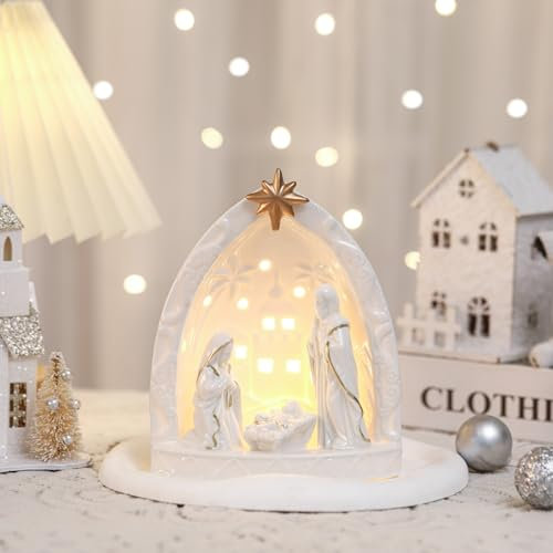 Cindeer Christmas Nativity Scene Set Indoor, Ceramic Lighted Gift, Arch