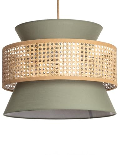 LEDKIA Pendelleuchte aus Rattan und Stoff Chulu Khakigrün | IP20 Schutz | E27 Fassung bis 40W | Für Wohnzimmer, Esszimmer, Schlafzimmer | 1750xØ400 mm