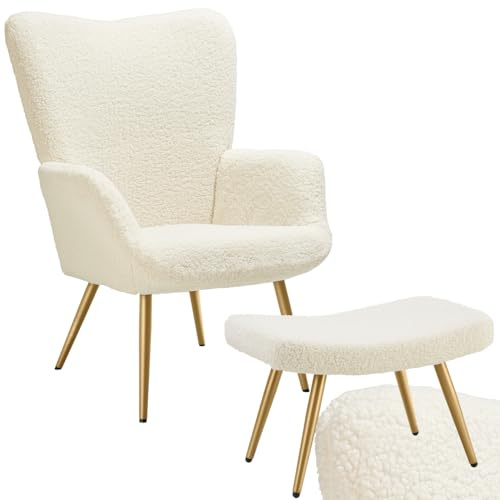 tectake® Poltrona Imbottita, Poltrona Ergonomica con Schienale e Braccioli, Poltrona Camera da Letto, Poltrona Salotto Moderna, Carico Massimo 150 kg - con Pouf, Bouclé, Crema/Dorato