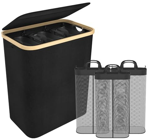 Aufun Wäschekorb 3 Fächer mit Deckel 140L zur einfachen Trennung, Wäschesack Wäscheboxen Wäschetonne Wäschesortierer mit Griffen Laundry Baskets Wäscheschrank für Waschküche, Schlafzimmer (Schwarz)
