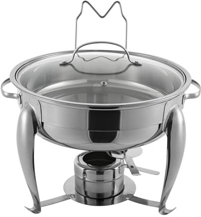 Alnemy Edelstahl Rund Chafing Dish mit Glasdeckel, Brennpastenbehälter, Lebensmittelpfanne, Warmhaltebehälter, Speisewärmer, Behälter, Buffet Server Wärmer (4L)