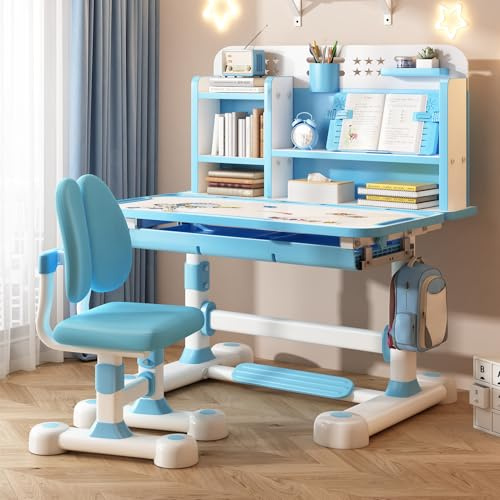 Calager Juego de escritorio y silla para niños, altura ajustable, silla de escritorio de estudio con cajón y soporte para libros, silla ergonómica de mesa de aprendizaje para estudiantes para niñas y