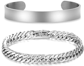 Jovivi Mens Silver Bracelets for Men jewellery,Men's Stainless Steel Cuff Bracelet Cuban Chain Bracelet Set For Men Women Gifts for Man