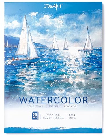 Jusart Aquarellblock A4 23cmx30.5cm, 300 g/m²/140 lb, kaltgepresstes Aquarellpapier, säurefrei, für nasse und trockene Medien, Aquarell, Gouache und Skizzen, 20 Blatt, perfekt für Studenten,Künstler