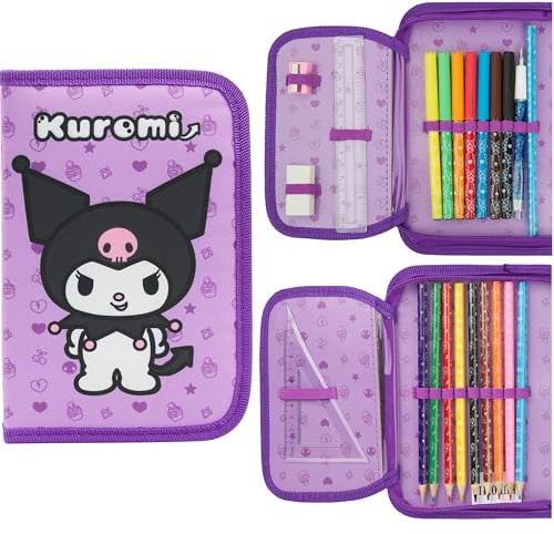 Hello Kitty Federmäppchen Mädchen Federtasche Gefüllt mit Schulsachen Buntstifte Filzstifte und Vieles Mehr Cinnamoroll Kuromi Sanrio Geschenk Idee (Flieder Kuromi)