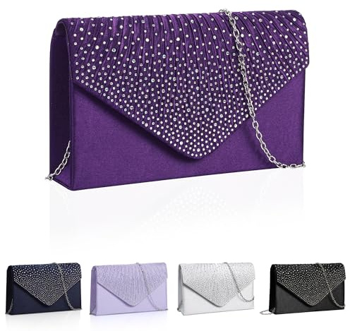 Srvillg Women Clutch Bag, Purple Satin Evening Clutch Bags, Wedding Shoulder Bags Women's Clutches with Detachable Chain Strap for Bride Prom Party Holiday (Purple)