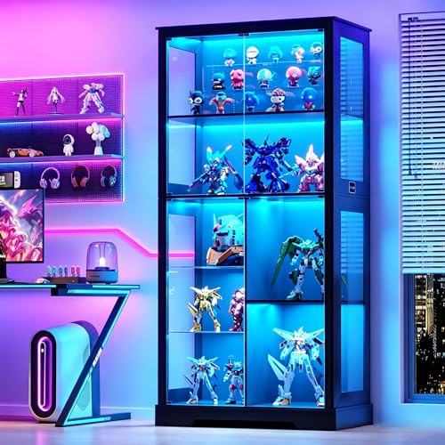 Gurexl 180cm LED Display Cabinet with Glass Doors for Collectibles,Black