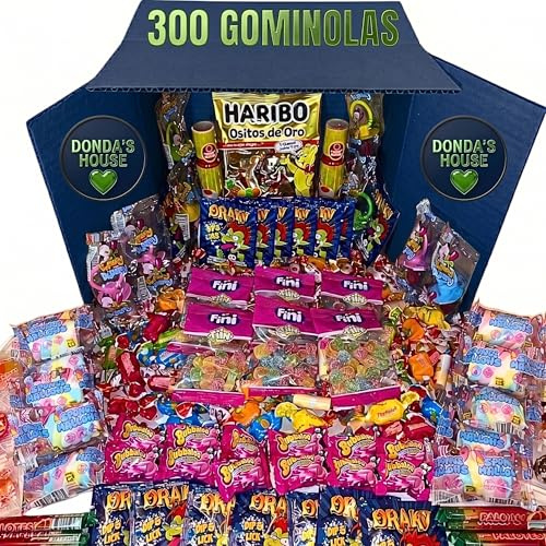 Donda's House® Caja de chuches 300 Ud. Caramelos y Golosinas. Gominolas Para Cumpleaños, Chuches para Piñatas, Todo el surtido envuelto individualmente. (Grande 300)