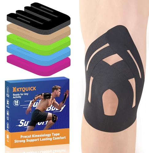 PreCut Kinesiology Tape for Knees, 12PCS Upgraded Waterproof KTQUICK Knee Tape for Knee Pain Relief Pre Cut, Original Cotton Athletic Knee Tape, Waterproof&Hypoallergenic Latex-Free for Sports (Black)