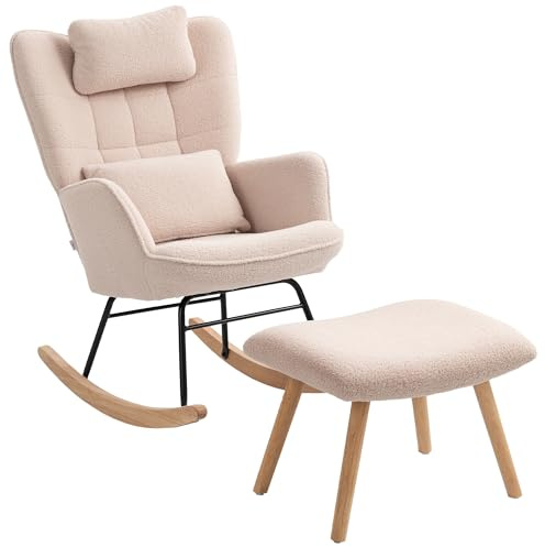 HOMCOM Schaukelstuhl mit Hocker Schaukelsessel Gepolstert Schwingsessel mit Lendenkissen, Kopfstütze, Relaxsessel mit Fleece-Bezug, hoher Rückenlehne Schwingstuhl für Wohnzimmer Beige