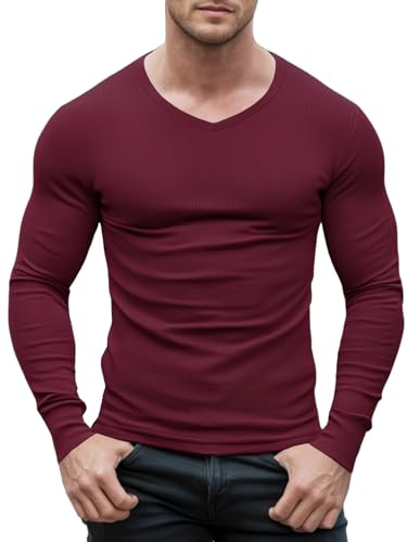 Agilelin Magliette Aderente da Uomo,T-Shirt Maniche Lunghe Scollo a V,Biancheria Intima Termica（Red/M