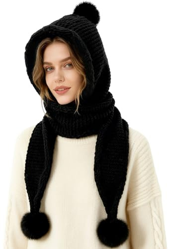 TAGVO Bonnet Écharpe à Capuche Tricoté 3-en-1 avec Pompon Fourrure Synthétique, Doublure Polaire Chaude, Écharpe et Cache-Oreilles, Hiver pour Femme