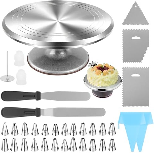 Yiyai 12 Zoll Tortenplatte Drehbar mit Werkzeug, 35 tlg. Aluminiumlegierung Drehteller Torte Tortenständer für Anfänger und Profis DIY Tortendekoration & Backen, Geschenk für Bäckerinnen