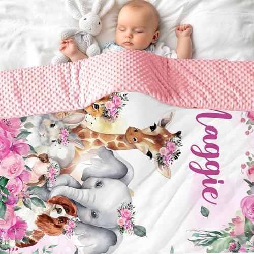 MJARTORIA Personalisierte Babydecke mit Name Baby Decke Neugeborenen Mädchen Junge Individuelle doppelseitig Kuscheldecke Kinderdecke Geschenk 100/150/200cm (Rosa Tier)