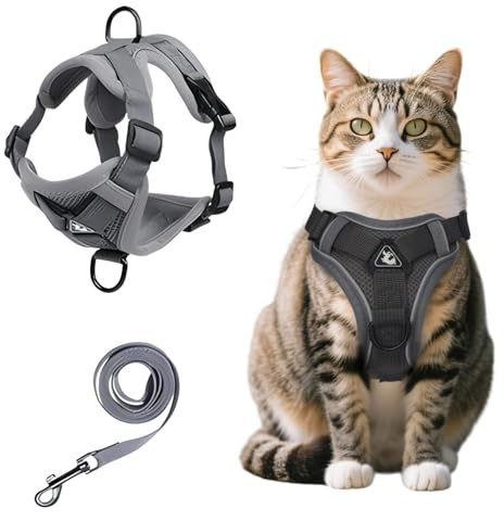 MOTIBACK Katzengeschirr mit Leine - Ausbruchsicheres Softgeschirr für Katzen | Verstellbares Brustgeschirr & Katzenleine Set | Cat Harness für Sicherheit & Komfort (Grau, L)