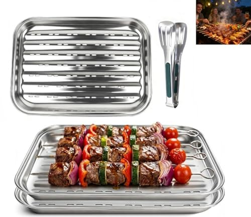 Mujiluxe grillskål, grillskålar, grillskål i rostfritt stål, återanvändbara rostfritt stålgrilltallriksset innehåller en grilltång, perforerad bakplåt för grönsaker, kött och fisk (silver)
