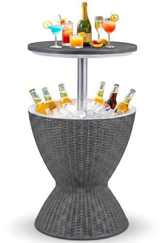 COSTWAY 3 in 1 Cool Bar, höhenverstellbarer Beistelltisch, 30L Outdoor Bier- und Weinkühler in Rattanoptik, Getränkekühler mit Abflussloch, für Terrasse, Party, Poolbereiche, Grau