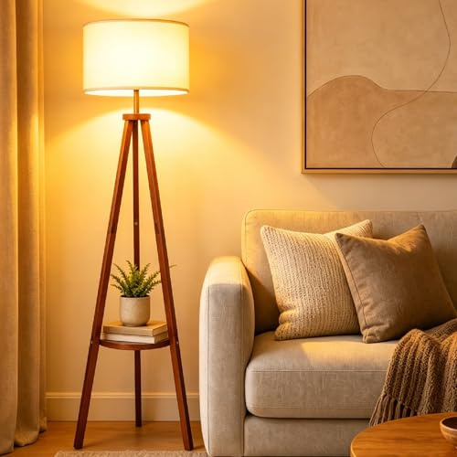 ARTETHYS Floor Lamps for Living Room, Tripod Standing Lamp with Shelf | Tall Standard Lamp with E27 Base, Modern Wooden Lamp for Bedroom Home Office, Walnut Brown