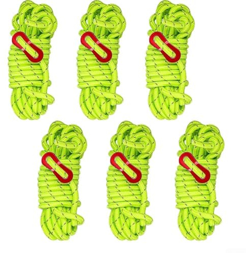 6 cuerdas reflectantes de 6 mm verde fluorescente con tensores de aluminio para tienda de campaña, configuración de lona de alta visibilidad, seguridad nocturna, ligero, portátil, paquete de equipo al