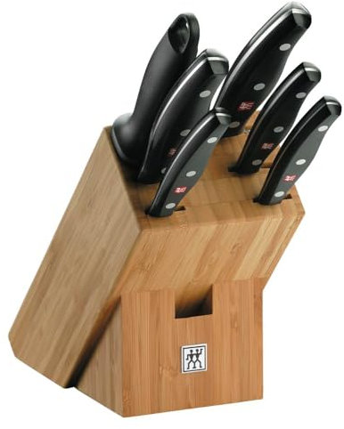 ZWILLING Twin Pollux Messerblock, 7-teilig, Bambusblock, Messer und Wetzstab, Rostfreier Spezialstahl und Kunststoff-Griff im Nietendesign, Schwarz