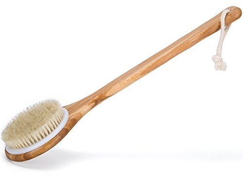 Janrely Bath Dry Body Brush Natural Bristles Back Scrubber With Long Wooden Handle For Cellulite And Exfoliating