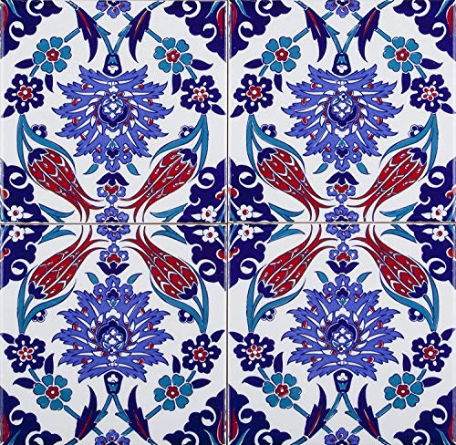 Cerames Makbule - Carrelage mural turc coloré, 1 paquet - 0,48 m2 (12 pièces), carreaux de céramique Iznik avec motif, 20x20, idéal pour la cuisine ou la salle de bain.