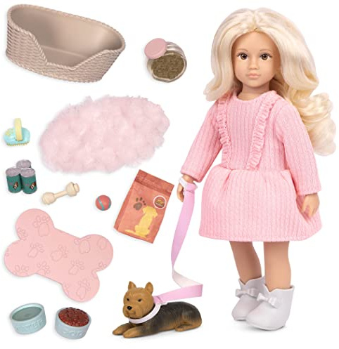 Lori Dafina's Haustier Spielset – 15-cm-Minipuppe mit Yorkie | Mit Kleid, Stiefeln, Leine, Hundebett, Schlafkissen, Futter, Bürste, Ball und Schüsseln für Rollenspiel, 3+ Jahre
