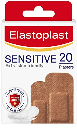 Elastoplast Sensitive Hypoallergenic Plasters Medium (20 Pieces), Everyday Wound Care for Painless Removal, Soft and Breathable Fabric, Strong Adhesive, Medium Skin Tone, for Sensitive Skin