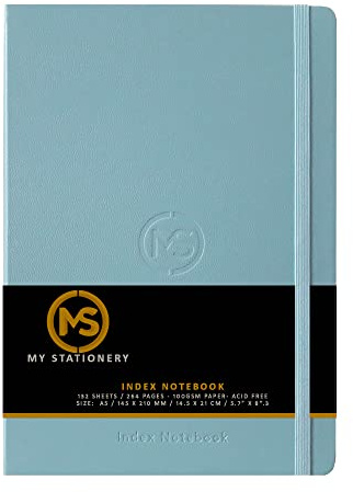 Notizbuch, A5, gebunden, Kunstledereinband, 8 mm, liniert, Rand, A-Z, 264 Seiten, 100 g/m², weißes Papier, himmelblauer Einband